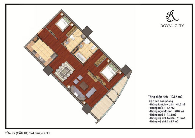 Sơ đồ thiết kế căn hộ 124.6m2 tòa R2 chung cư Royal City